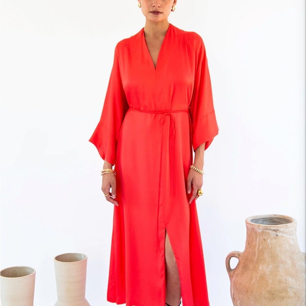 Neu Nomads Carmen Dress Coral Red Tencel Modal‎ Maxi Kimono Sleeve NN-DR-945 M